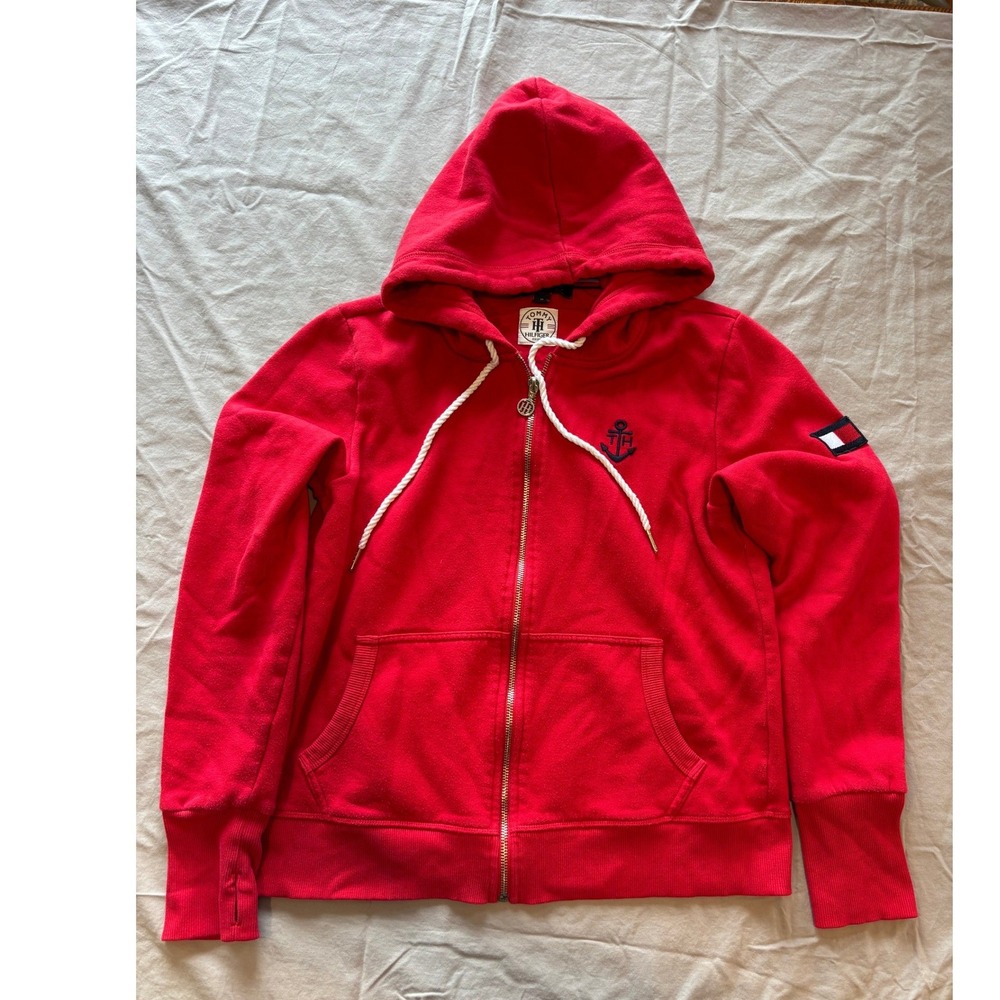 Tommy Hilfiger Red Full Zip Nautical Anchor Hoodie Sweatshirt Mens Medium